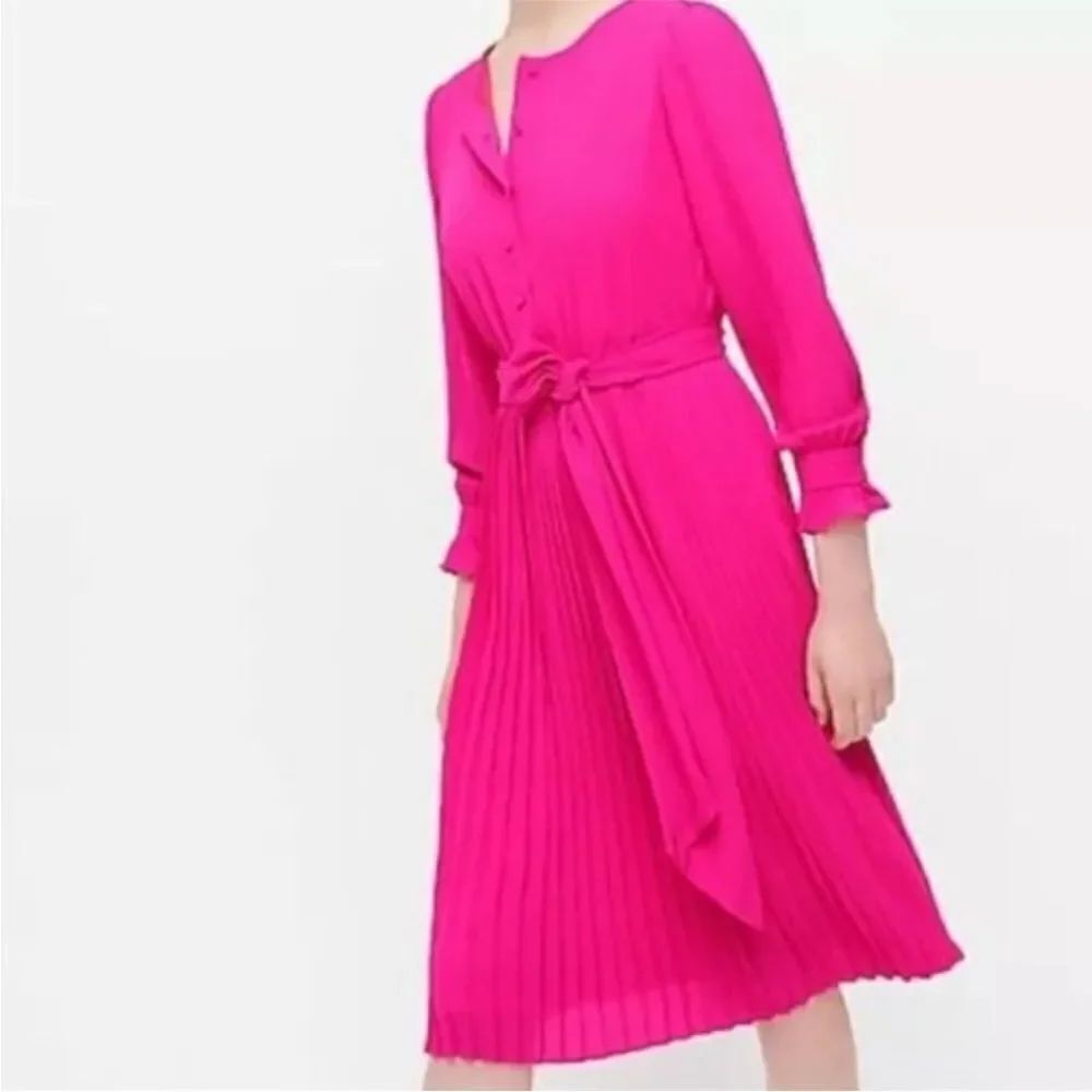 J. Crew  Dress Womens  Sz 2 Hot Pink Pleated Fit Flare  Belt Long Sleeve